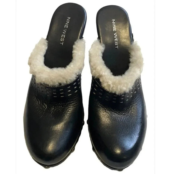 Nine West chunky heel clog mule Studded Black leather Size 8.5 Sherpa Retro - Picture 4 of 12